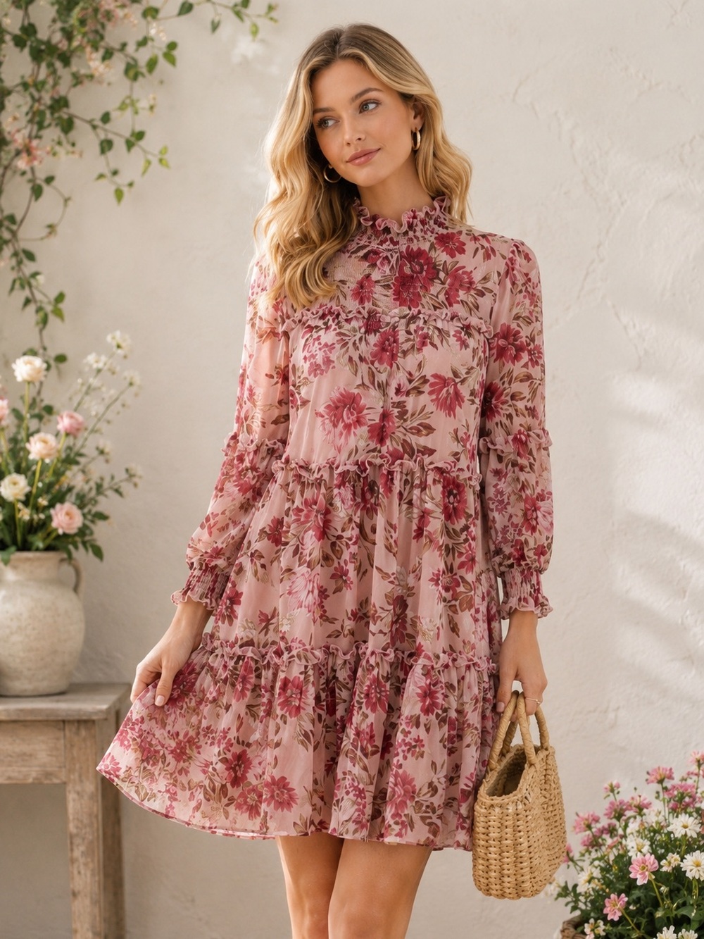 En Focus Studio Pink Floral Tiered Mini Dress Size 6 Cottagecore